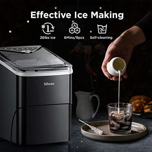 Silonn Ice Makers Countertop, 9 Cubes Ready in 6 Mins, 26lbs in 24Hrs, Self-Cleaning Ice Machine with Ice Scoop and Basket, 2 Sizes of Bullet Ice for Home Kitchen Office Bar Party