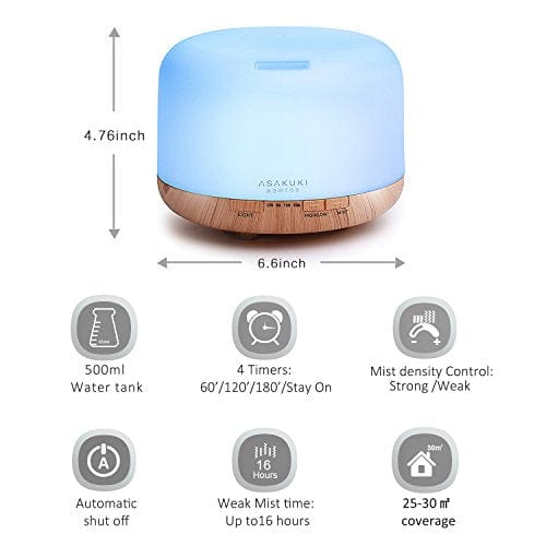 ASAKUKI 500ml Premium, Essential Oil Diffuser with Remote Control, 5 in 1 Ultrasonic Aromatherapy Fragrant Oil Humidifier Vaporizer, Timer and Auto-Off Safety Switch