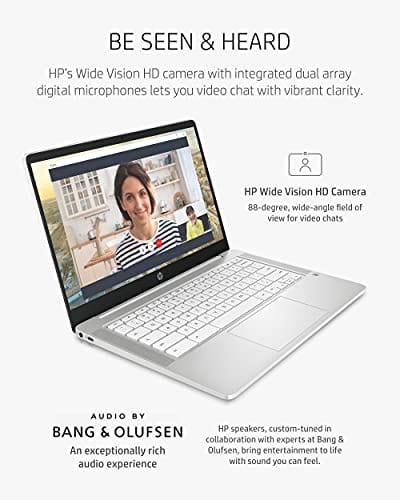 HP Chromebook 14 Laptop, Intel Celeron N4000 Processor, 4 GB RAM, 32 GB eMMC, 14” HD Display, Chrome, Lightweight Computer with Webcam and Dual Mics, Home, School, Music, Movies (14a-na0021nr, 2021)