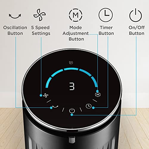 2021 PELONIS 42 Inch Oscillating Tower Fan with Aromatherapy Diffuser, Remote Control, 5 Speed Settings with 3 Modes, Programmable 4H Timer, 45 Watts, Power Off Memory and LED Display, Black
