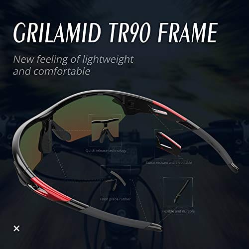 Torege Polarized Sports Sunglasses With 3 Interchangeable Lenes for Men Women Cycling Running Driving Fishing Golf Baseball Glasses TR002 UPGRADE(Black Red &Red lens)