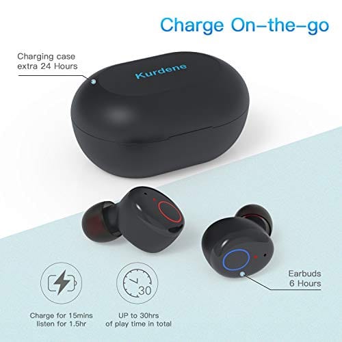 Kurdene Wireless Earbuds,Bluetooth Earbuds with Charging Case Bass Sounds IPX8 Waterproof Sports Headphones with Mic Touch Control 24H Playtime -Black