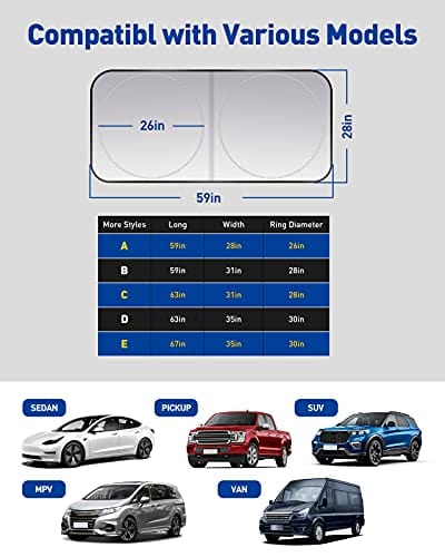 ZonCar Windshield Sun Shade fit for Most Sports Car Truck SUV Vans, Blocks UV Rays Sun Visor Protector, Foldable Car Front Window