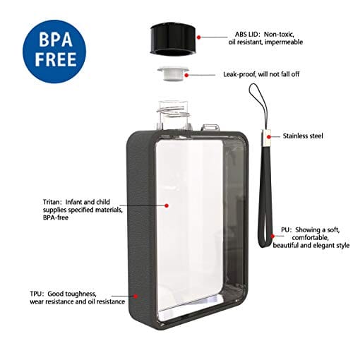 MoChic Flat Water Bottle Travel Flask Portable Travel Mug BPA Free A5 Water Bottle for Sports Camping Gym Fitness Outdoor 13oz Fit in Any Bag (Black)