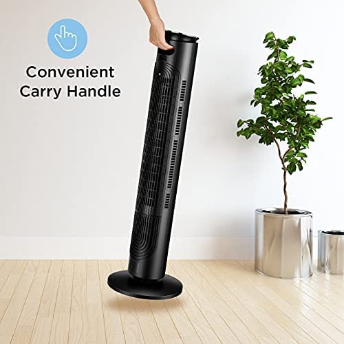 2021 PELONIS 42 Inch Oscillating Tower Fan with Aromatherapy Diffuser, Remote Control, 5 Speed Settings with 3 Modes, Programmable 4H Timer, 45 Watts, Power Off Memory and LED Display, Black