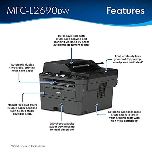 Brother Premium MFC-L2690DW Series Compact Monochrome All-in-One Laser Printer