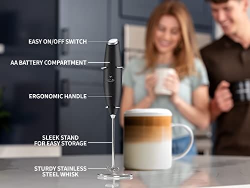 Zulay Original Milk Frother Handheld Foam Maker for Lattes - Whisk Drink Mixer for Coffee, Mini Foamer for Cappuccino, Frappe, Matcha, Hot Chocolate by Milk Boss (Black)