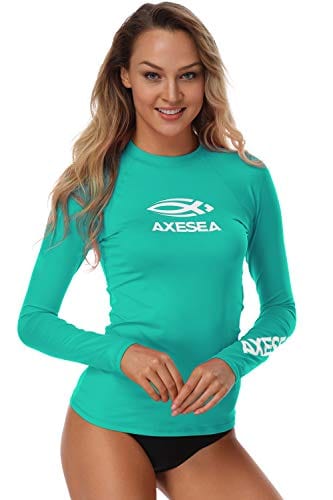 AXESEA Women Rash Guard Long Sleeve Active Top UPF 50+ Rashguard Swim Shirt Surf Swimwear, Lagoon, X-Large