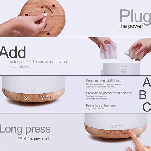 ASAKUKI 500ml Premium, Essential Oil Diffuser with Remote Control, 5 in 1 Ultrasonic Aromatherapy Fragrant Oil Humidifier Vaporizer, Timer and Auto-Off Safety Switch