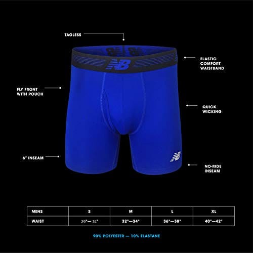 New Balance Men's 6" Boxer Brief Fly Front with Pouch, 3-Pack ,Black/Laser Blue/Team Royal, Large (36"-38")