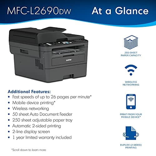 Brother Premium MFC-L2690DW Series Compact Monochrome All-in-One Laser Printer