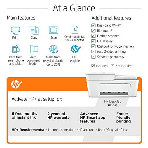 HP DeskJet 4155e All-in-One Wireless Color Printer, with bonus 6 months free Instant Ink with HP+ (26Q90A)