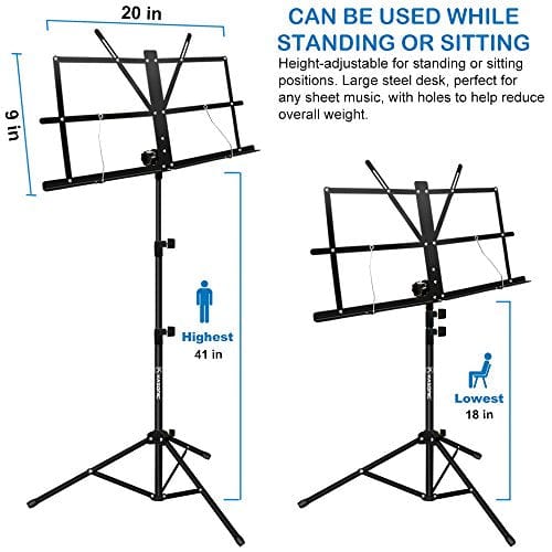 Music Stand, Kasonic 2 in 1 Dual-Use Folding Sheet Music Stand & Desktop Book Stand, Portable and Lightweight with Music Sheet Clip Holder & Carrying Bag Suitable for Instrumental Performance