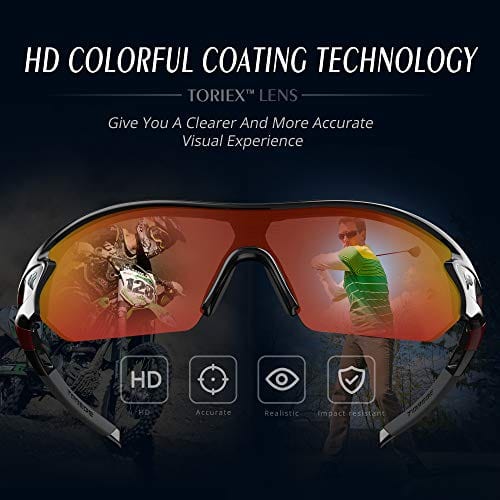 Torege Polarized Sports Sunglasses With 3 Interchangeable Lenes for Men Women Cycling Running Driving Fishing Golf Baseball Glasses TR002 UPGRADE(Black Red &Red lens)