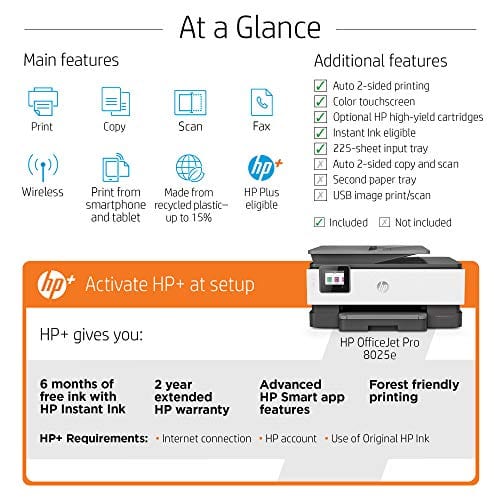 HP OfficeJet Pro 8025e All-in-One Wireless Color Printer for home office, with bonus 6 months free Instant Ink with HP+ (1K7K3A)