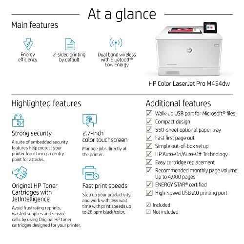 HP Color LaserJet Pro M454dw Wireless Laser Printer, Double-Sided & Mobile Printing, Security Features (W1Y45A)