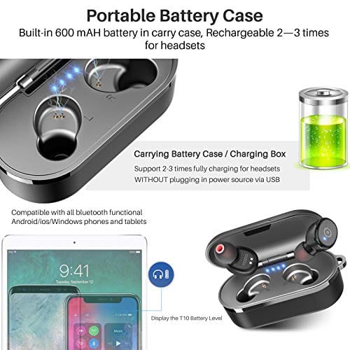 TOZO T10 Bluetooth 5.0 Wireless Earbuds with Wireless Charging Case IPX8 Waterproof Stereo Headphones in Ear Built in Mic Headset Premium Sound with Deep Bass for Sport Black