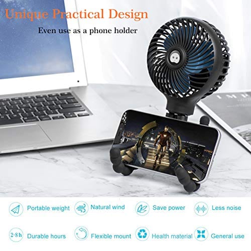 Mini Handheld Personal Portable Fan, Baby Stroller Fan, Car Seat Fan, Desk Fan, with Flexible Tripod Fix on Stroller Student Bed Bike Crib Car Rides, USB or Battery Powered (Black)