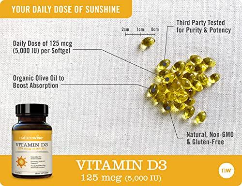 NatureWise Vitamin D3 5000iu (125 mcg) 1 Month Supply for Healthy Muscle Function, Bone Health and Immune Support, Non-GMO, Gluten Free in Cold-Pressed Olive Oil, Packaging May Vary, 30 Count