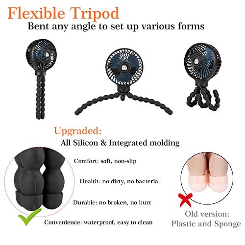 Mini Handheld Personal Portable Fan, Baby Stroller Fan, Car Seat Fan, Desk Fan, with Flexible Tripod Fix on Stroller Student Bed Bike Crib Car Rides, USB or Battery Powered (Black)
