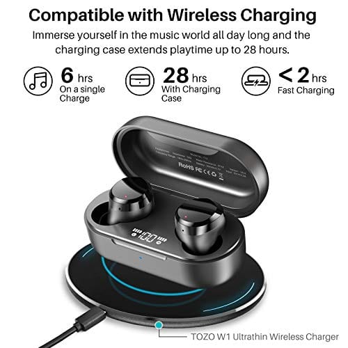 TOZO T12 Wireless Earbuds Bluetooth Headphones Premium Fidelity Sound Quality Wireless Charging Case Digital LED Intelligence Display IPX8 Waterproof Earphones Built-in Mic Headset for Sport Black