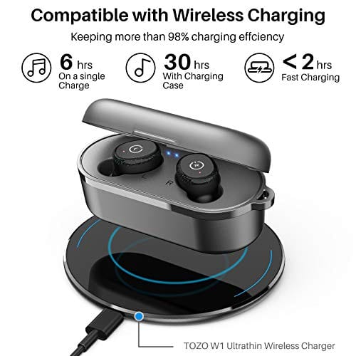 TOZO T10 Bluetooth 5.0 Wireless Earbuds with Wireless Charging Case IPX8 Waterproof Stereo Headphones in Ear Built in Mic Headset Premium Sound with Deep Bass for Sport Black