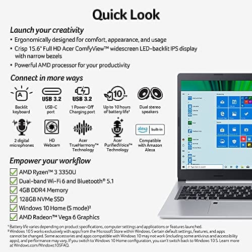 Acer Aspire 5 A515-46-R14K Slim Laptop | 15.6" Full HD IPS | AMD Ryzen 3 3350U Quad-Core Mobile Processor | 4GB DDR4 | 128GB NVMe SSD