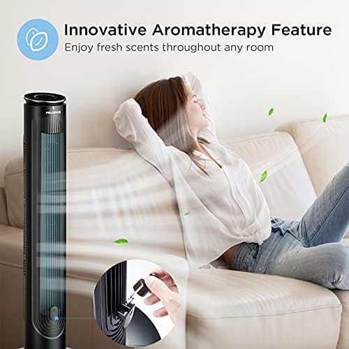 2021 PELONIS 42 Inch Oscillating Tower Fan with Aromatherapy Diffuser, Remote Control, 5 Speed Settings with 3 Modes, Programmable 4H Timer, 45 Watts, Power Off Memory and LED Display, Black