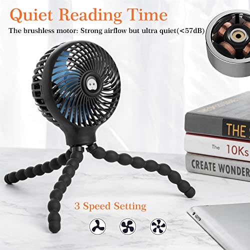 Mini Handheld Personal Portable Fan, Baby Stroller Fan, Car Seat Fan, Desk Fan, with Flexible Tripod Fix on Stroller Student Bed Bike Crib Car Rides, USB or Battery Powered (Black)
