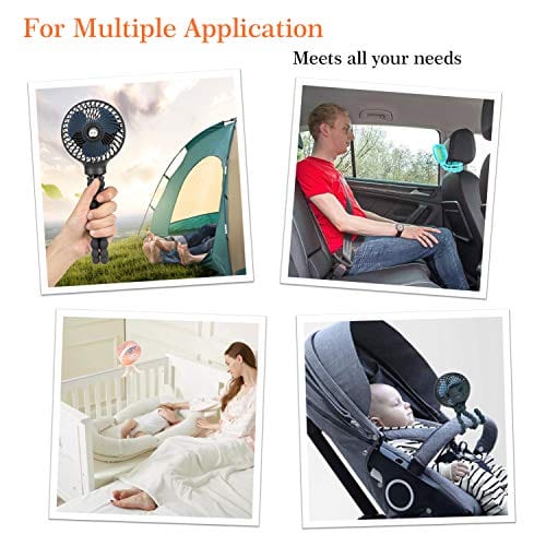 Mini Handheld Personal Portable Fan, Baby Stroller Fan, Car Seat Fan, Desk Fan, with Flexible Tripod Fix on Stroller Student Bed Bike Crib Car Rides, USB or Battery Powered (Black)