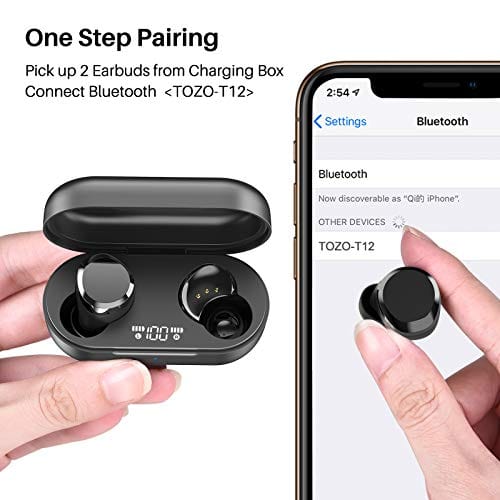 TOZO T12 Wireless Earbuds Bluetooth Headphones Premium Fidelity Sound Quality Wireless Charging Case Digital LED Intelligence Display IPX8 Waterproof Earphones Built-in Mic Headset for Sport Black