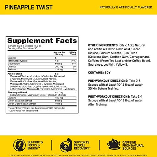Optimum Nutrition Amino Energy + Electrolytes - Pre Workout, BCAAs, Amino Acids, Keto Friendly, Energy Powder - Pineapple Twist, 30 Servings