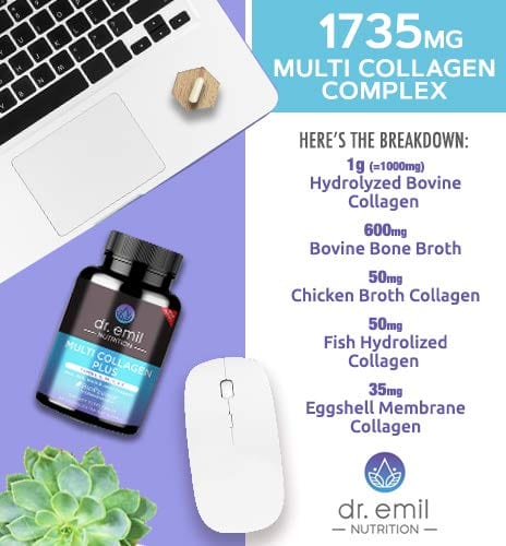 Dr. Emil Nutrition Multi Collagen Plus Pills (Type I, II, III, V, X) for Anti-Aging, Hair, Skin, Nails and Joint Support, 30 Day Supply