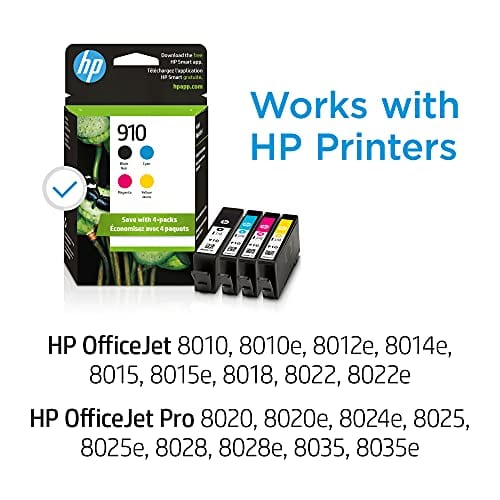 HP 910 | 4 Ink Cartridges | Black, Cyan, Magenta, Yellow | Works with HP OfficeJet 8000 Series | 3YL61AN, 3YL58AN, 3YL59AN, 3YL60AN