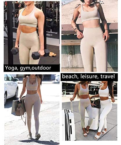 Jetjoy Exercise Outfits for Women 2 Pieces Ribbed Seamless Yoga Outfits Sports Bra and Leggings Set Tracksuits 2 Piece