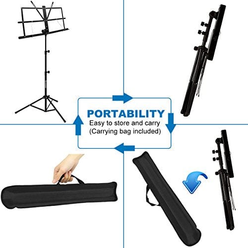 Music Stand, Kasonic 2 in 1 Dual-Use Folding Sheet Music Stand & Desktop Book Stand, Portable and Lightweight with Music Sheet Clip Holder & Carrying Bag Suitable for Instrumental Performance