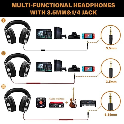 OneOdio Wired Over Ear Headphones Studio Monitor & Mixing DJ Stereo Headsets with 50mm Neodymium Drivers and 1/4 to 3.5mm Audio Jack for AMP Computer Recording Phone Piano Guitar Laptop - Black