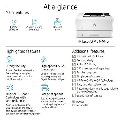 HP LaserJet Pro M404dn Monochrome Laser Printer with Built-In Ethernet & Double-Sided Printing - Built-in Ethernet (W1A53A)