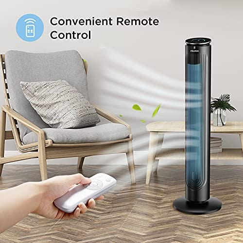 2021 PELONIS 42 Inch Oscillating Tower Fan with Aromatherapy Diffuser, Remote Control, 5 Speed Settings with 3 Modes, Programmable 4H Timer, 45 Watts, Power Off Memory and LED Display, Black