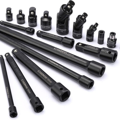 18-Piece Drive Tool Accessory Set, Premium CR-V Steel with Black Phosphate Finish, Includes Socket Adapters, Extensions and Universal Joints and Impact Coupler, Professional Socket Accessories
