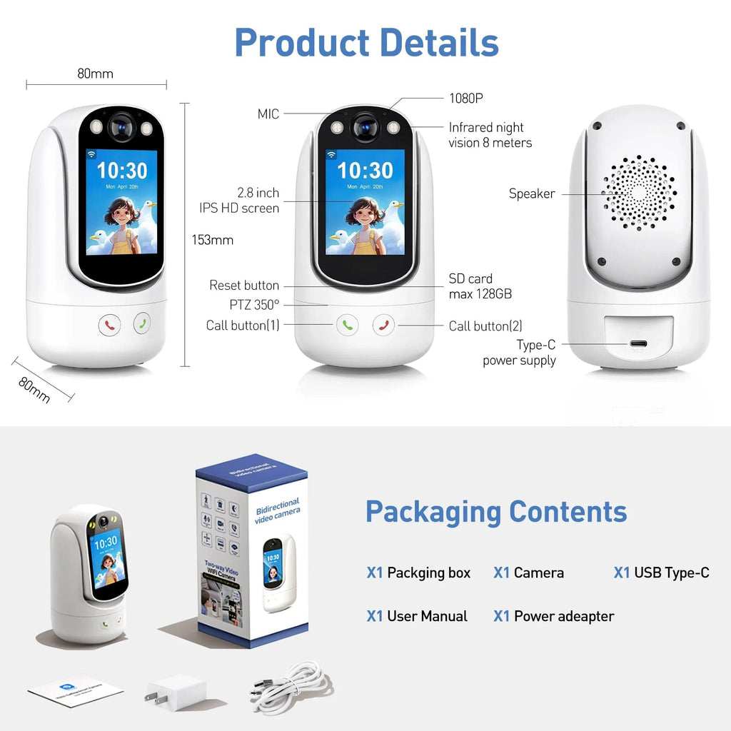 Baby Monitor with Two Way Video Call, 1080P HD Wifi Cameras W/ 2.8” Screen for Home Security/Baby Monitor/Pet Camera, AI Motion Detection&One-Click Call, Full-Color Night Vision for Baby Pet Elderly
