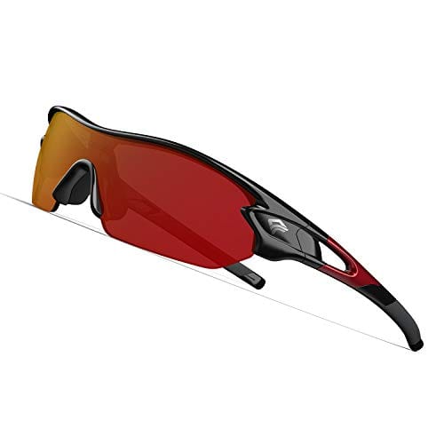 Torege Polarized Sports Sunglasses With 3 Interchangeable Lenes for Men Women Cycling Running Driving Fishing Golf Baseball Glasses TR002 UPGRADE(Black Red &Red lens)