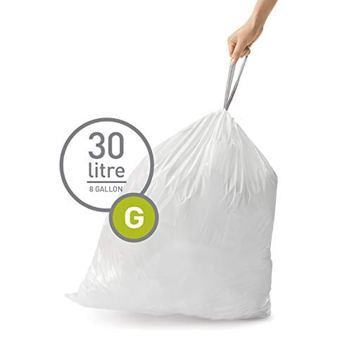 simplehuman Code H Custom Fit Drawstring Trash Bags, 30-35 Liter / 8-9 Gallon, White, 60 Count, 60, 60