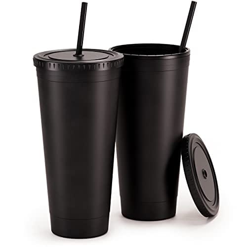 Maars Acrylic Travel Tumbler with Lid and Straw | 32oz Premium Insulated Double Wall XL Plastic Reusable Cups - Matte Black, 2 Pack