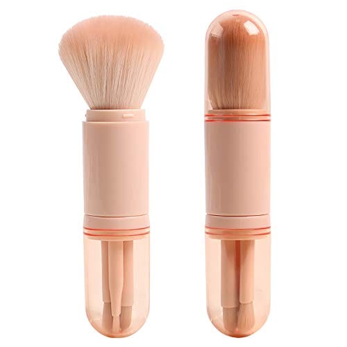 Small Makeup Brush Set Pink - 4 in 1 Portable Travel Lip Brush, Highlight Brush, Eyeshadow Brush, Foundation Blending Powder Brush Retractable Mini Facial Cosmetic Makeup Brush Set¡­