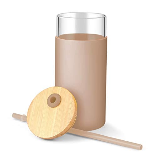tronco 20oz Glass Tumbler Glass Water Bottle Straw Silicone Protective Sleeve Bamboo Lid - BPA Free (Amber)