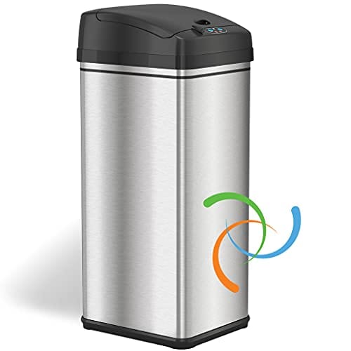 iTouchless 13 Gallon Automatic Trash Can with Odor-Absorbing Filter and Lid Lock, Power by Batteries (not included) or Optional AC Adapter (sold separately), Black/Stainless Steel