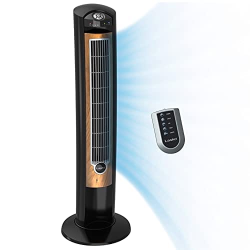 Lasko Products Portable Electric 42" Oscillating Tower Fan with Fresh Air Ionizer, Timer and Remote Control for Indoor, Bedroom and Home Office Use, Blackwood T42950