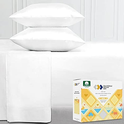 400-Thread-Count 100% Cotton Sheet Pure White Queen-Sheets Set, 4-Piece Long-Staple Combed Cotton Best-Bedding Sheets for Bed, Breathable, Soft & Silky Sateen Weave Fits Mattress 16'' Deep Pocket