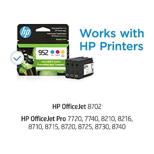 HP 952 | 3 Ink Cartridges | Cyan, Magenta, Yellow | Works with HP OfficeJet Pro 7700 Series, 8200 Series, 8700 Series | L0S49AN, L0S52AN, L0S55AN